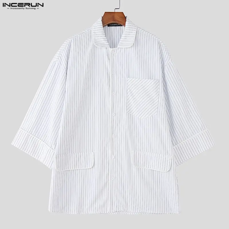 

INCERUN Men Striped Shirt Lapel 3/4 Sleeve Oversize Casual Men Clothing Streetwear Korean Style Loose Fashion Tops Male Shirts