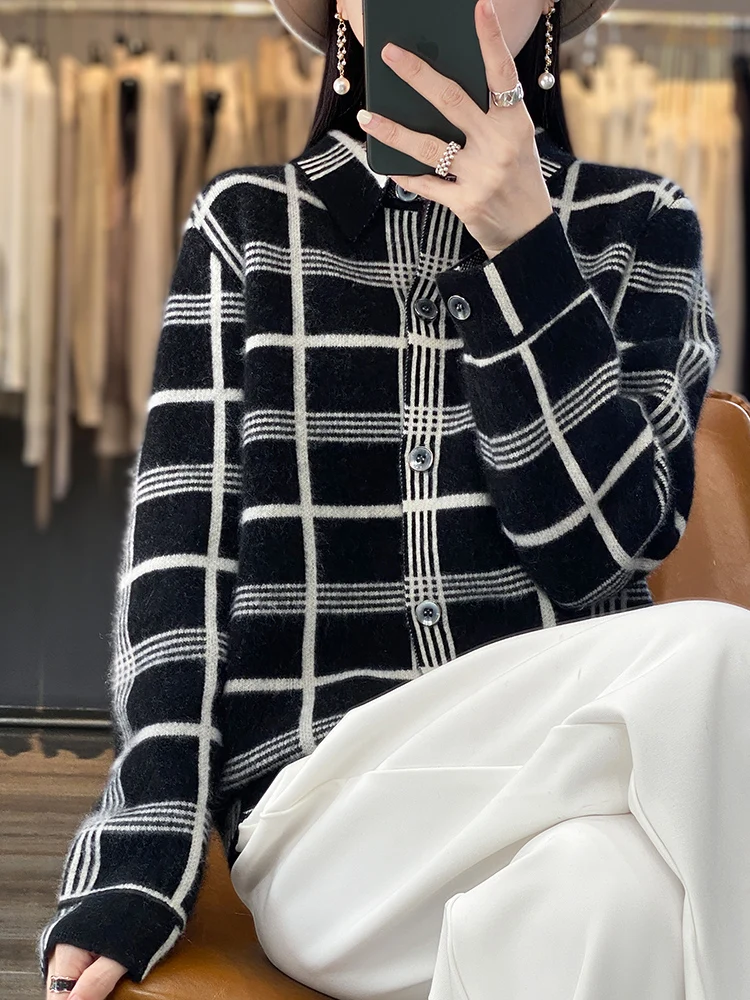 Autumn Winter New 100% Cashmere Wool Women Sweater Tailored Collar Splicing Checker Cardigan Casual Knitted Soft Jacket Tops