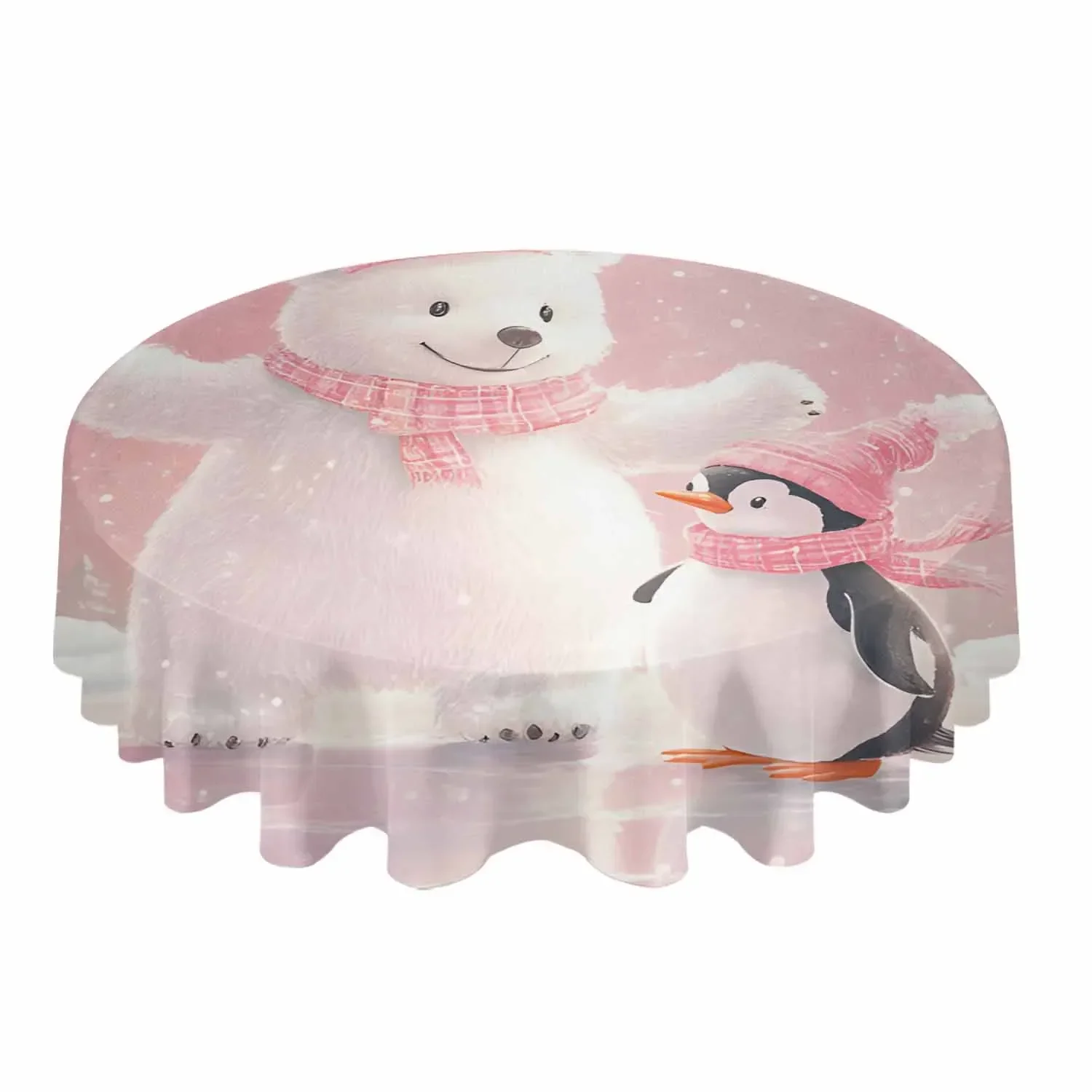 Christmas Pink Bears And Penguins Round Tablecloth Waterproof Table Cover Home Kitchen Table Cloth Dining Table Decoration