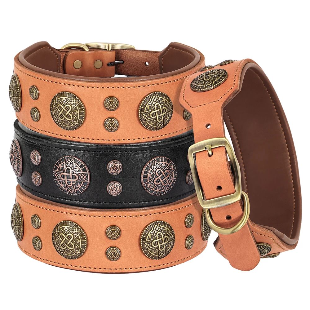 Genuine Leather Dog Collar Spiked Studded Dog Collars Adjustable  Big Dog Collars Necklace For Medium Large Dogs French Bulldog