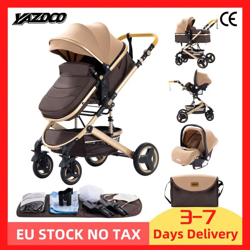 Baby Stroller 3 in 1 Portable Travel Luxurious Baby Carriage Fold Pram Aluminum Frame High Landscape Multifunctional Stroller