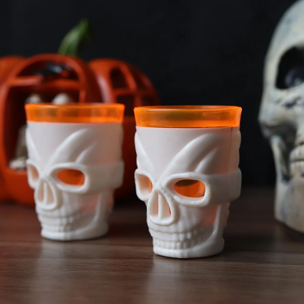 Flashing Halloween Glowing Skull Cup Double Layer Design Mini Skull Head Glowing Wine Cup Plastic LED Light Drinking Mug Pub