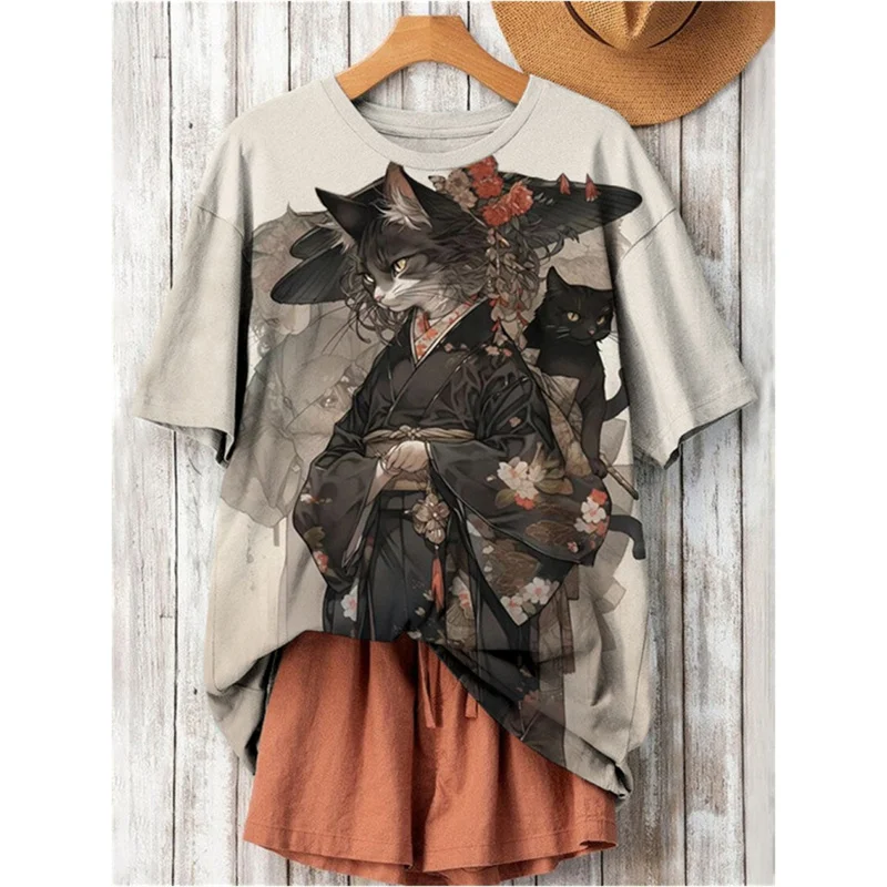 เสื้อยืดลำลองคอโอไซส์ใหญ่ สไตล์ฮาราจูกุ ลายการ์ตูนญี่ปุ่น 3 มิติ แฟชั่นแมว สำหรับผู้หญิง แขนสั้น
