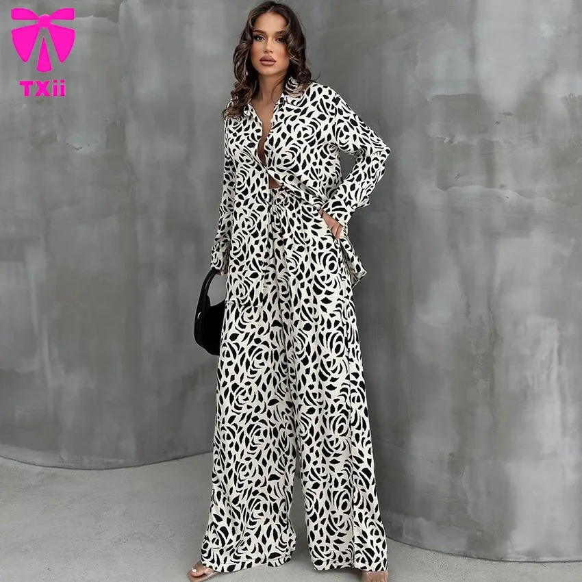 TXii Leopard Print Pajamas suit Autumn Ice Silk Long Sleeve Cardigan Trousers Two-Piece Loose Women's Home Clothes