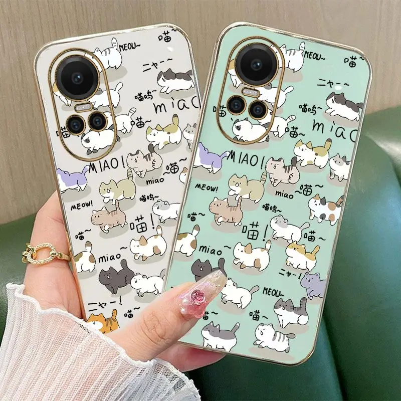 10 Cute Cat Phone Case For OPPO Reno 11 9ProPlus 8 T Pro 7 7Lite 7Z 6 6Z 6 5Lite 5F 4 4F Pro Plus Plating Silicone Cover