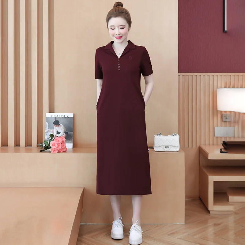 Women Cotton T-shirt Dresses Summer Female Suit Collar Short Sleeve Large Size Elegant Black Burgundy Embroidery Loose Vestidos