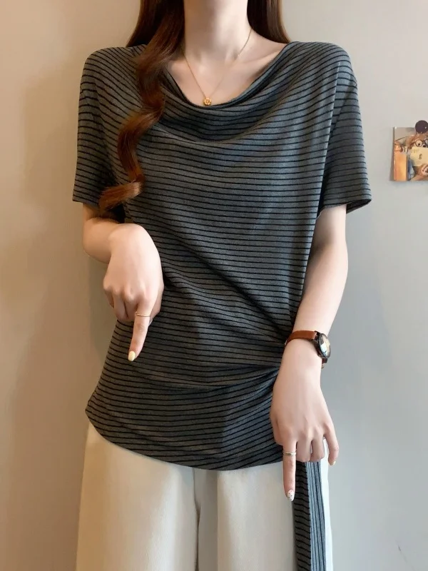 Slim Fit Striped T-Shirt Women's Summer Large Size Fat MM  Shoulder Short Sleeve Knot Waist Control Base Shirt