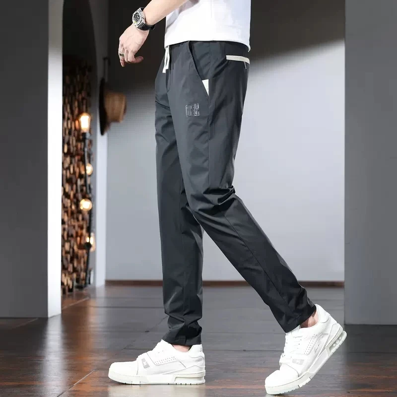 Summer Men's Casual Pants Elastic Waist Sport Joggers Lightweight Black Slim Fit Trousers