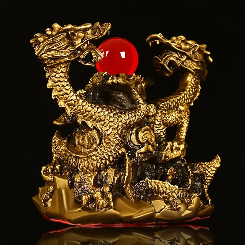 Pure Copper Ornaments Double Dragon Playing Pearl Five Elements Home Office Desktop Decor Auspicious Dragon Statues