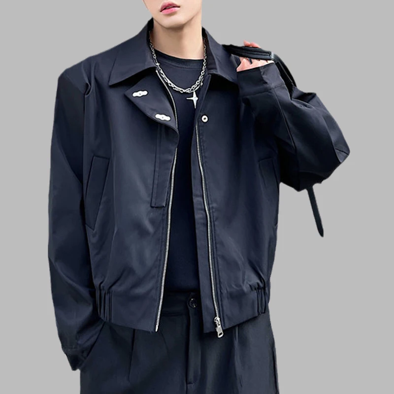 

Autumn Men Jackets Asymmetric Placket Lapel Streetwear Long Sleeve Zipper Loose Coats Korean Fashion Casual Outerwear