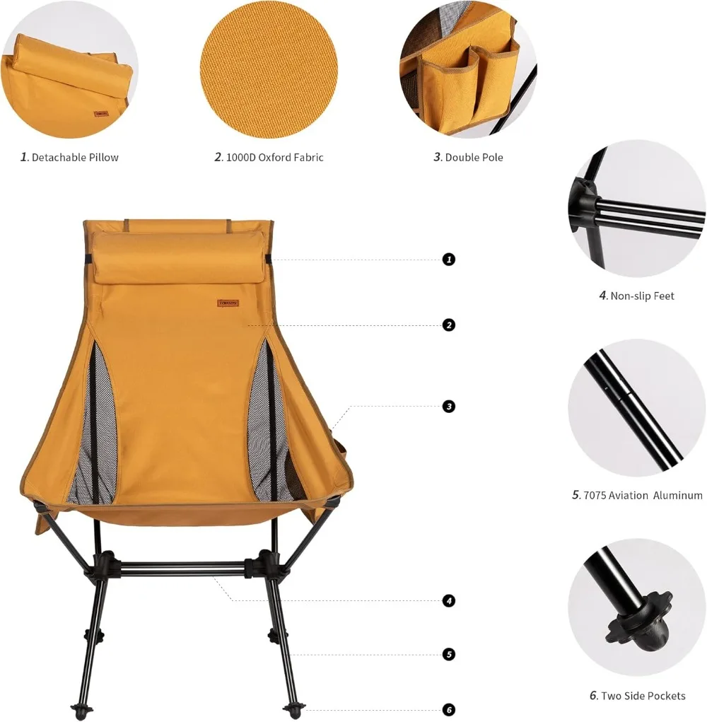 Portable Folding Camping Chair with Detachable Pillow, 330lbs Capacity, Compact Aluminum Frame for Outdoor Travel
