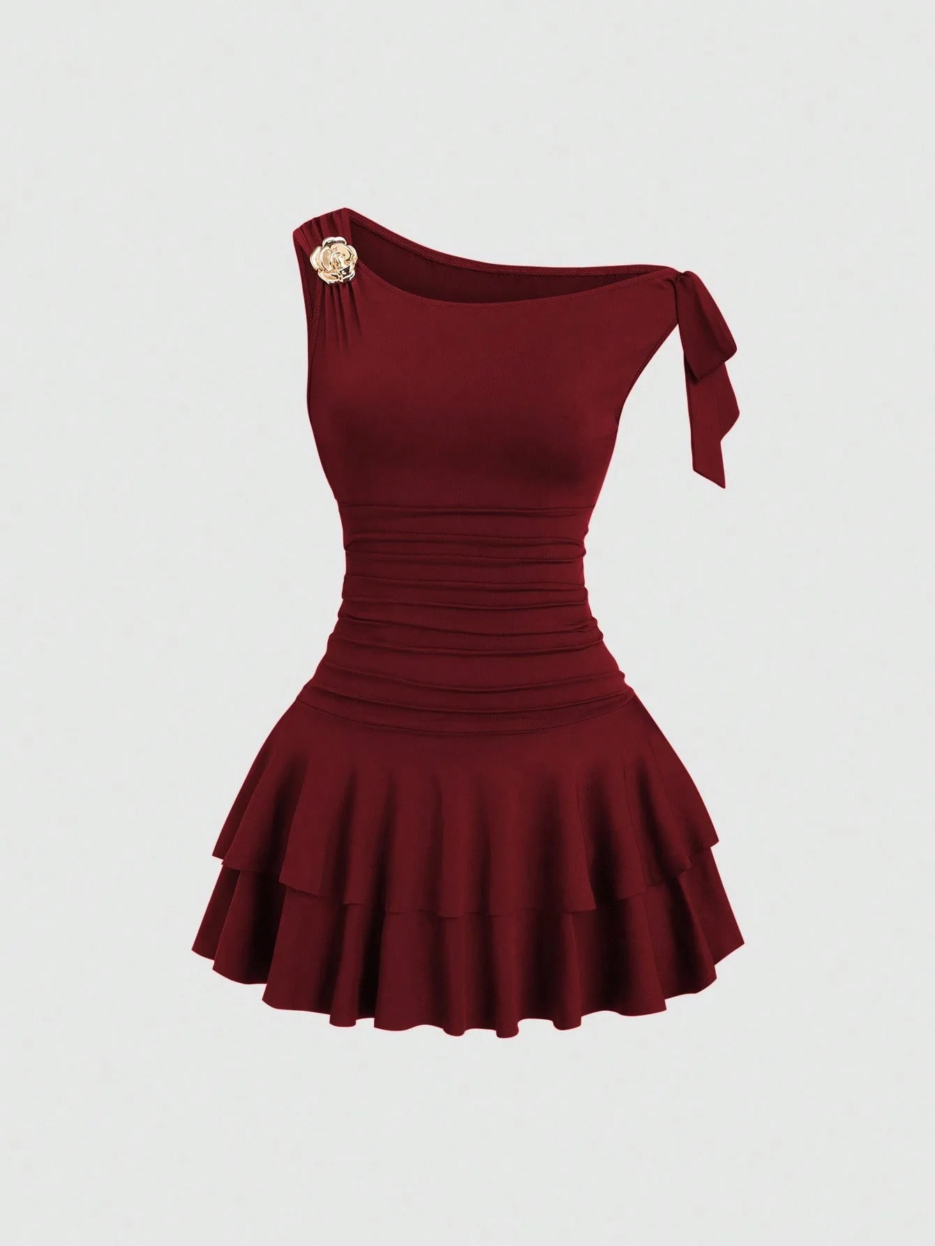 Women's One Shoulder Mini Dress Summer Flower Decoration Ruched Waist Layered Ruffle Hem Dress Elegant Party & Cocktail Outfit