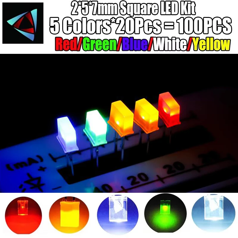 100PCS 2X5X7 Square LED Diode 257 Light Emitting Diode Blue Red Green White Yellow Electronic DIY KIT