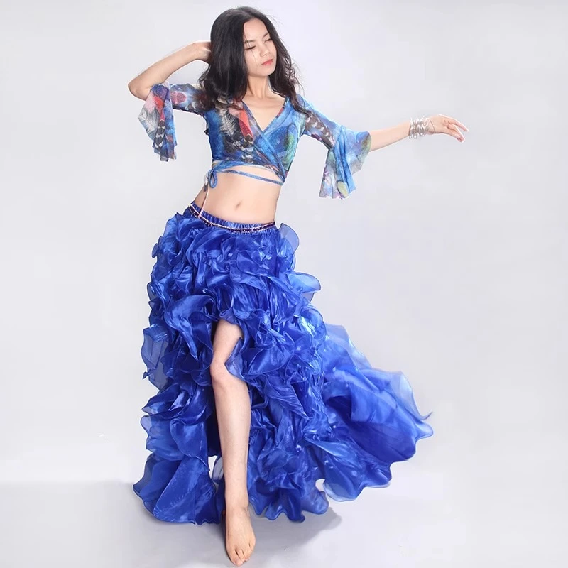 customized belly dance performance costume mesh long sleeved top with slits long skirt training suit set exotic dancewear sexy