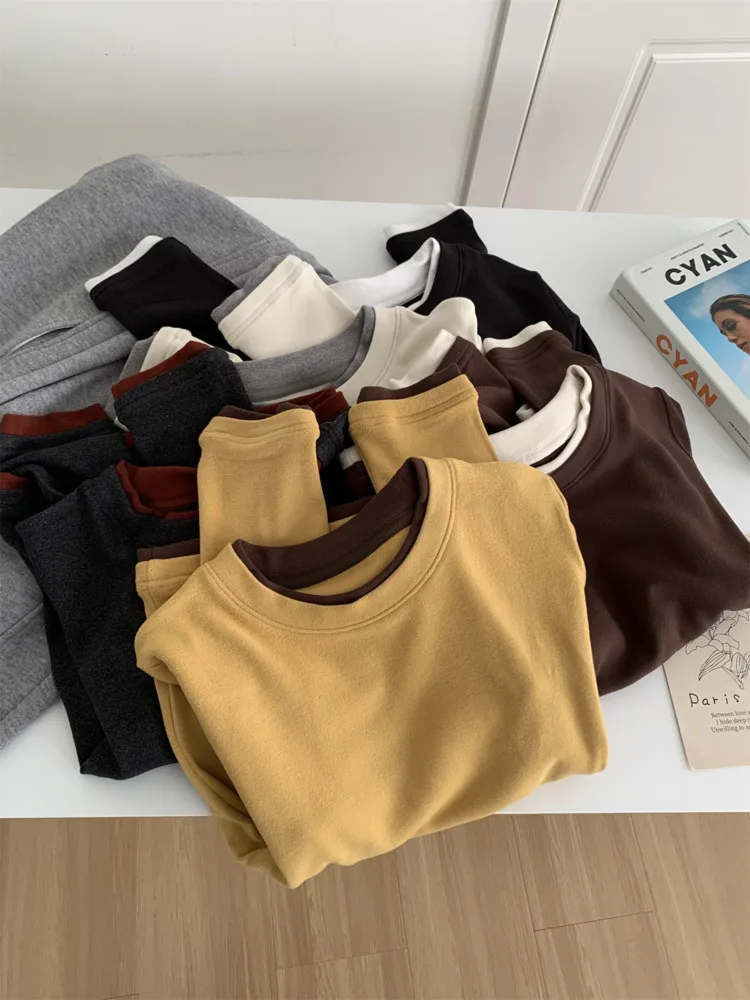 

Winter Fake Two-Piece Thick Brushed T-Shirt Double-Sided Warm heating fiber Color-Block Patchwork Long Sleeve Tops