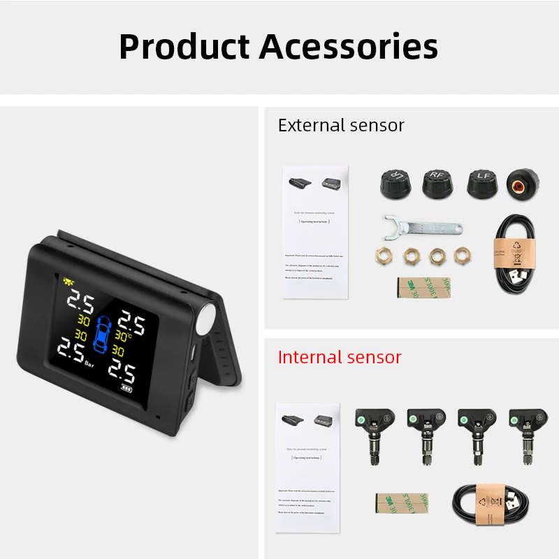 Jansite TPMS Wireless Car Tire Pressure Monitoring Intelligent System Solar Power LED Display with 4 Built-in or External Sensor