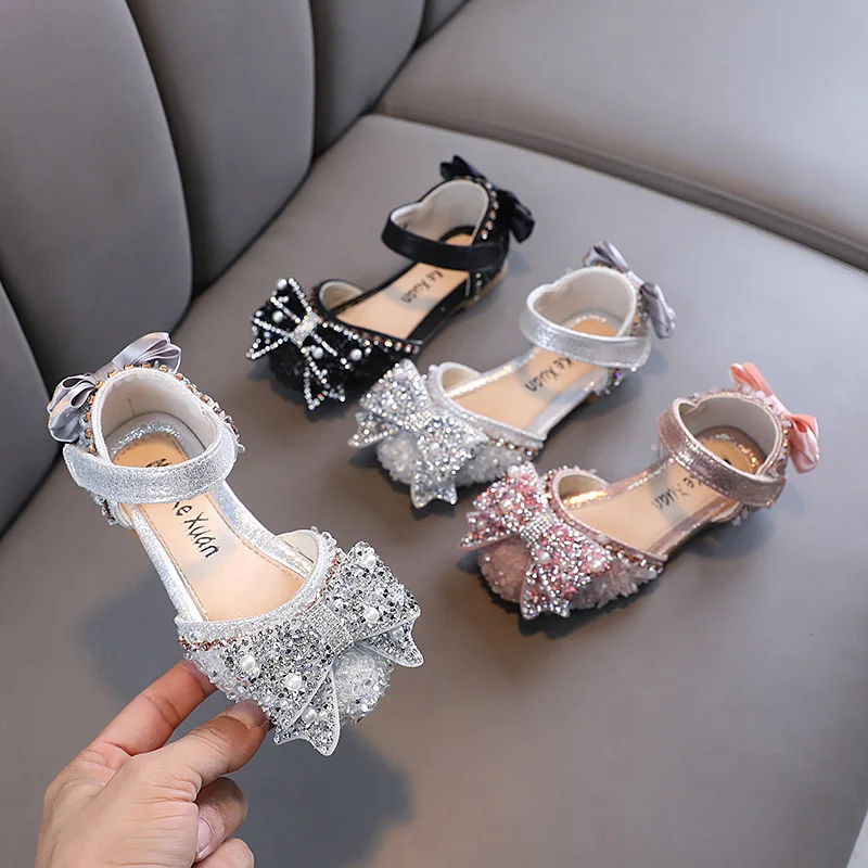 Children Sandals Girl's Rhinestone Shoes Kids Bow Princess Sandals Fashion Non-slip Flat Shoes Wedding Performance Sandals H536