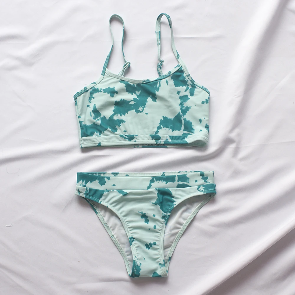 4 kolory letnie plażowe dzieci dziewczynki zestaw bikini uroczy patchworkowy Tie-dye nastoletni studenci stroje kąpielowe dla dzieci strój kąpielowy