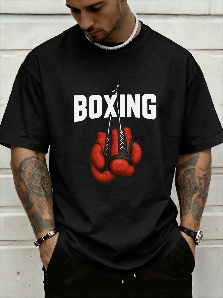 Mens Crew Neck Tee Retro Boxing Red Gloves Bold Text Print Soft Cotton Combat Sports Lover Urban Daily Short Sleeve Casual Top
