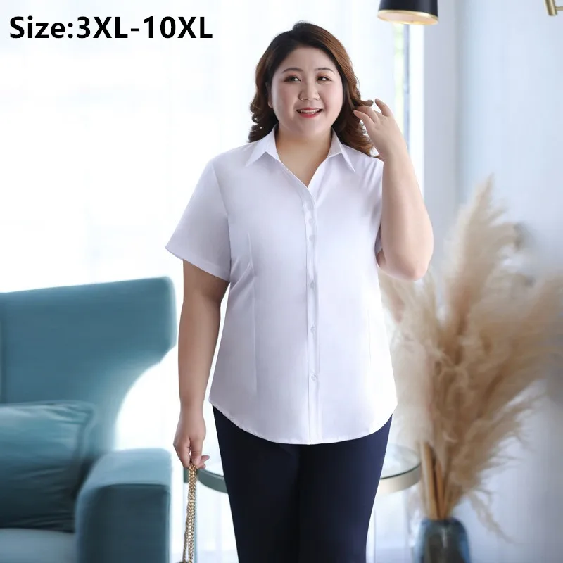 Summer Formal Shirts Women Plus Size 10XL 9XL 8XL 7XL White Blue Loose Work Short Sleeve Business V-Neck Office Lady Blouse