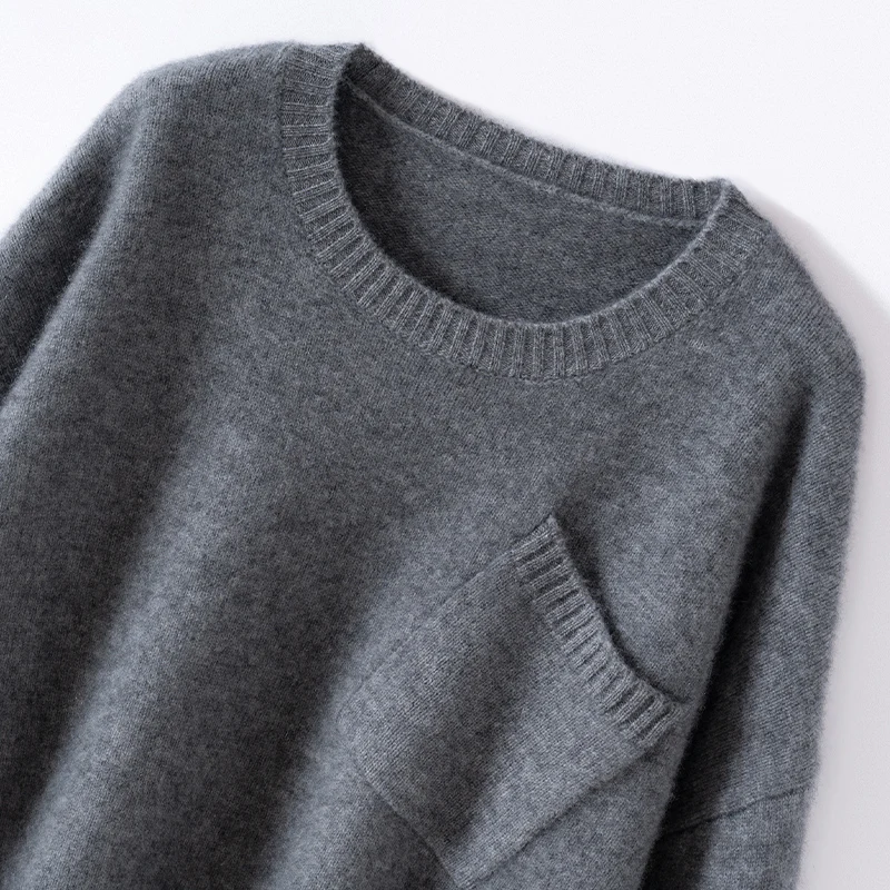 

2025 Autumn Winter Women 100% Cashmere Sweater Loose Fit Pullover Casual Soft O- Neck Cashmere Knitwear With Pocket Design Tops