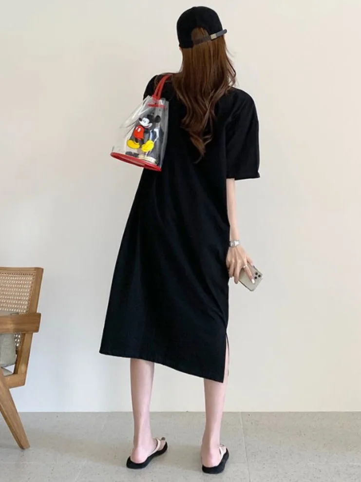 Vestido Cseta Informal y Cómodo con Bloques de Color, Estampado de Letras, Cuello Redondo, Abertura Lateral, Estilo Sudade...