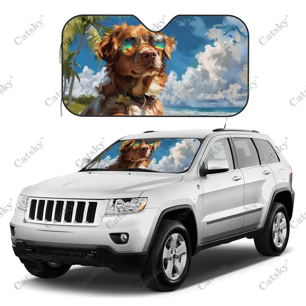 Happy Beach Vacation Dog Car Windshield Sunshade, Auto Accessories Front Windshield Sun Visor Blocks Uv Rays Protect Decoration