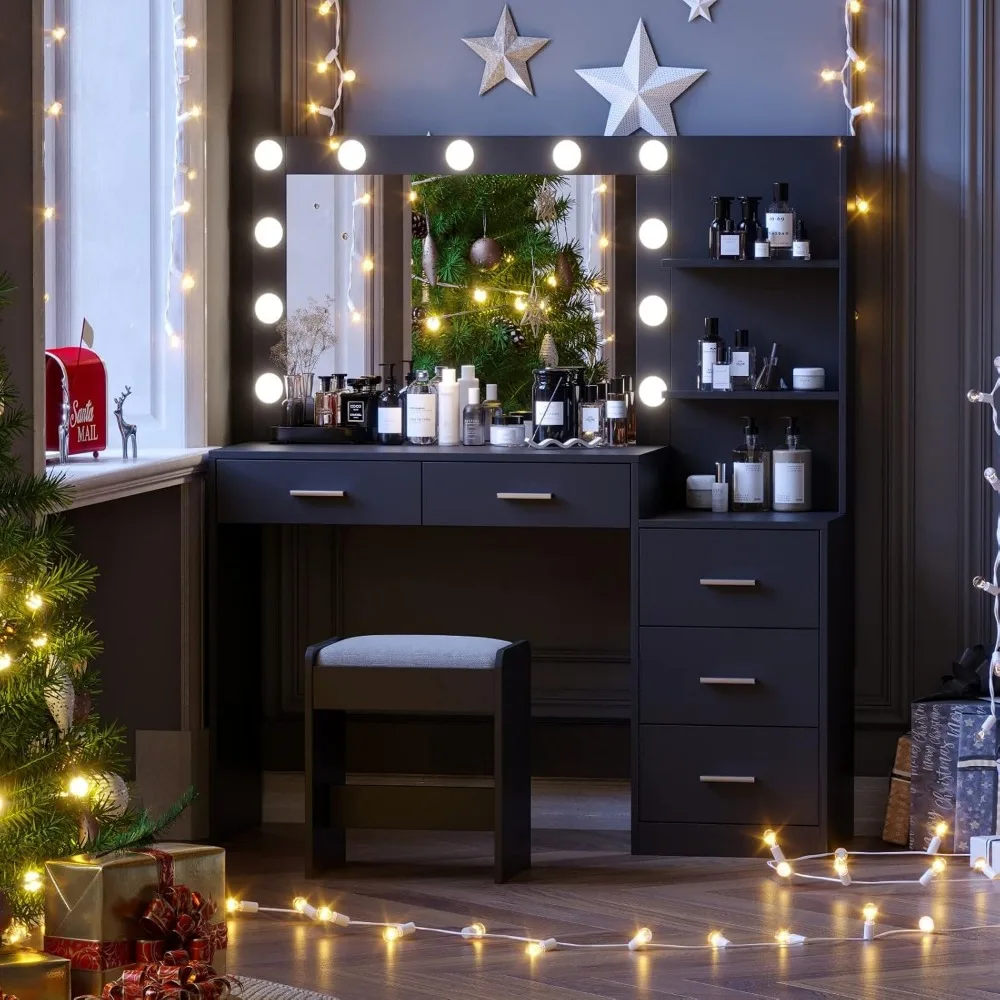 طاولة زينة كبيرة مضاءة بمرآة مع رف تخزين و5 أدراج، مكتب مكياج لغرفة النوم مع مساحة تخزين كبيرة لتنظيم المكياج #2