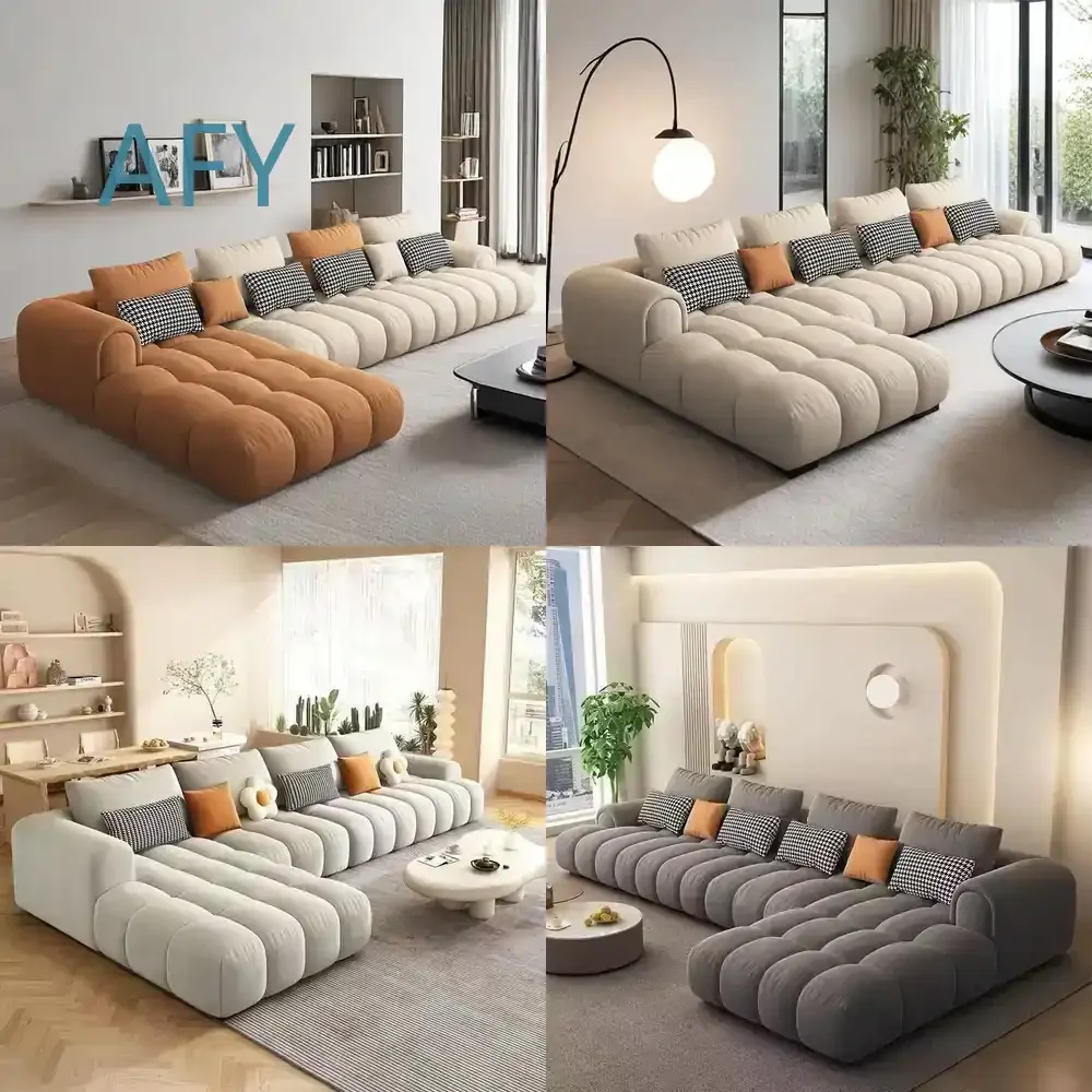Puff Sofa Set for Italian Style Living Room Modern Minimalist Corner Chaise Lounge Cream Cloud Fabric Sofa for Small and