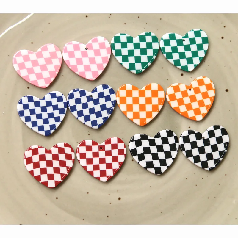 5pcs ins color black and white checkerboard peach heart pendant DIY acrylic accessories earrings hairpin mobile phone case mater