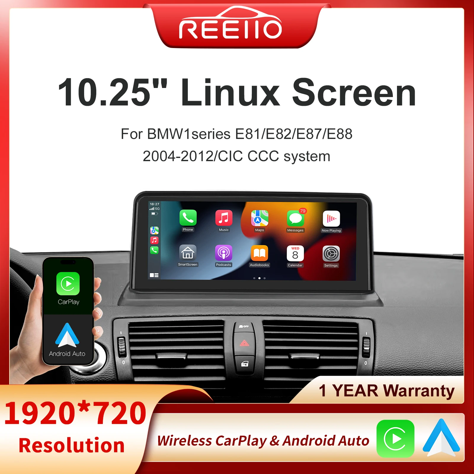 

Wireless Carplay Android auto multimedia touch Linux screen For BMW1series E81/E82/E87/E882004-2008/CCC system supports Airplay