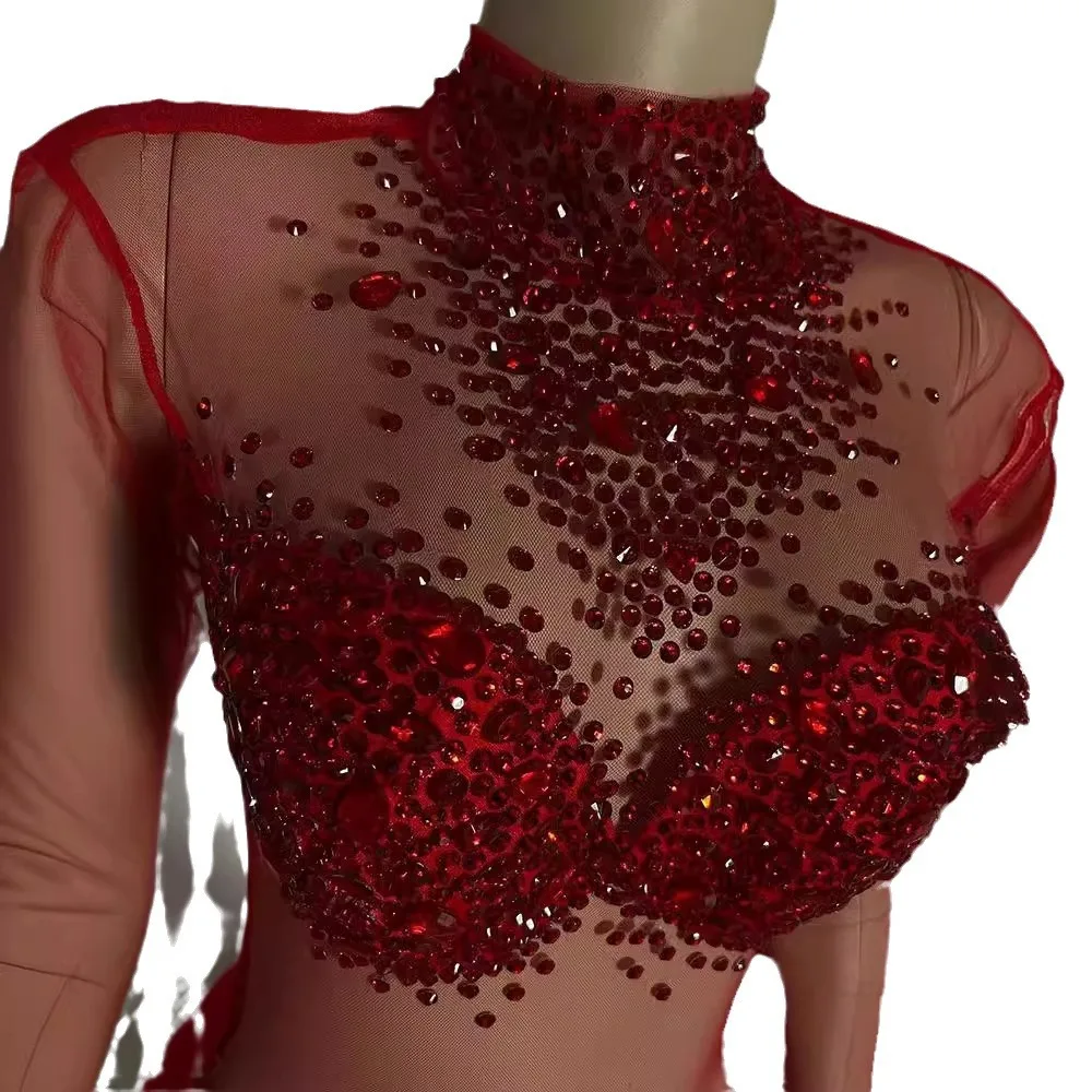 زي أحمر لامع وردة ماسية تنورة سليم صالح مثير حورية البحر خط كم طويل شفاف فستان سهرة Vestidos De Fiesta De Lujo