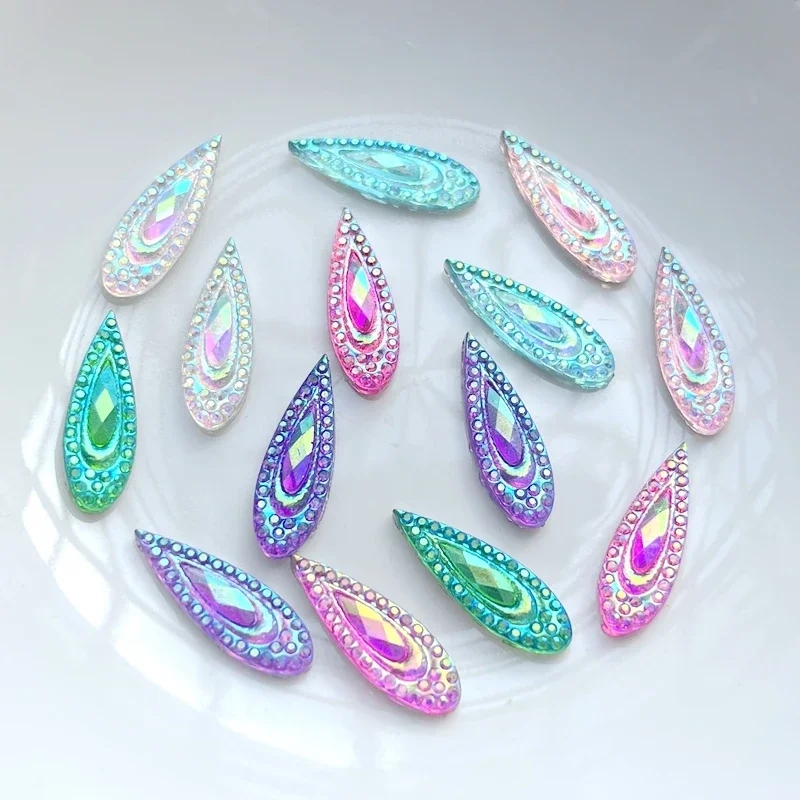 60pcs 6 * 20mm Shiny Water Drop AB Resin Water Diamond Peacock Eye Flat Back DIY Wedding Decal Decoration nail art decorations