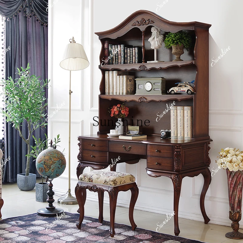 American solid wood desk European retro classic old furniture light luxury style carving  FT