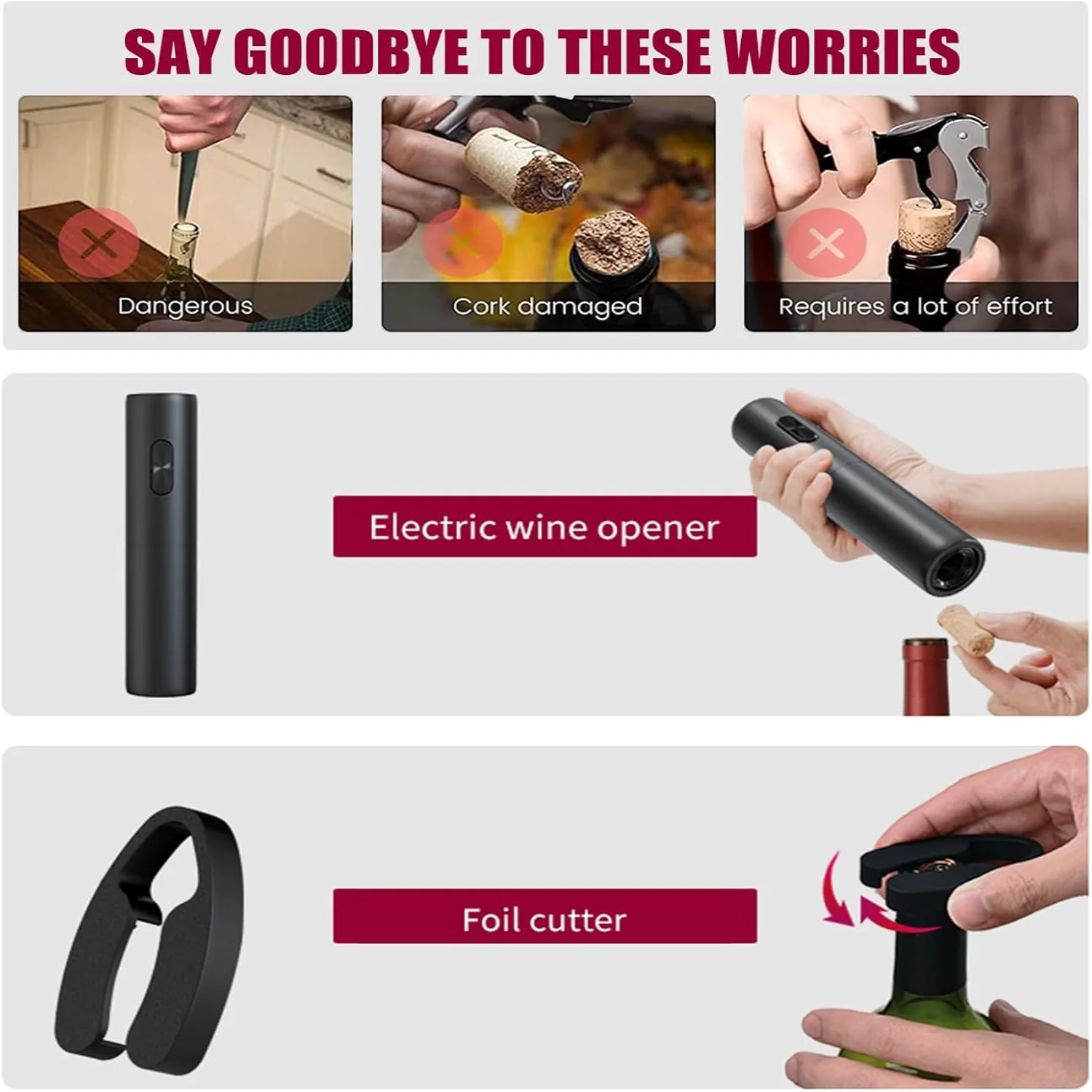

Set - Battery Operated Bottle Opener with Pourer, Foil , Vacuum Stopper, and Base - 5-in-1 Corkscrew - Gift for Wine Lover