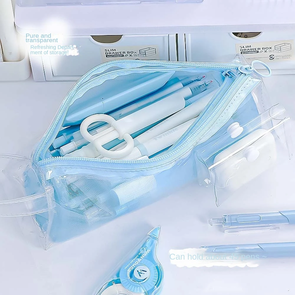 Makeup Pouch PVC Mesh Pencil Case Large Capacity Cosmetic Bag Stationery Storage Bag Clear Transparent Transparent Zipper Pouch