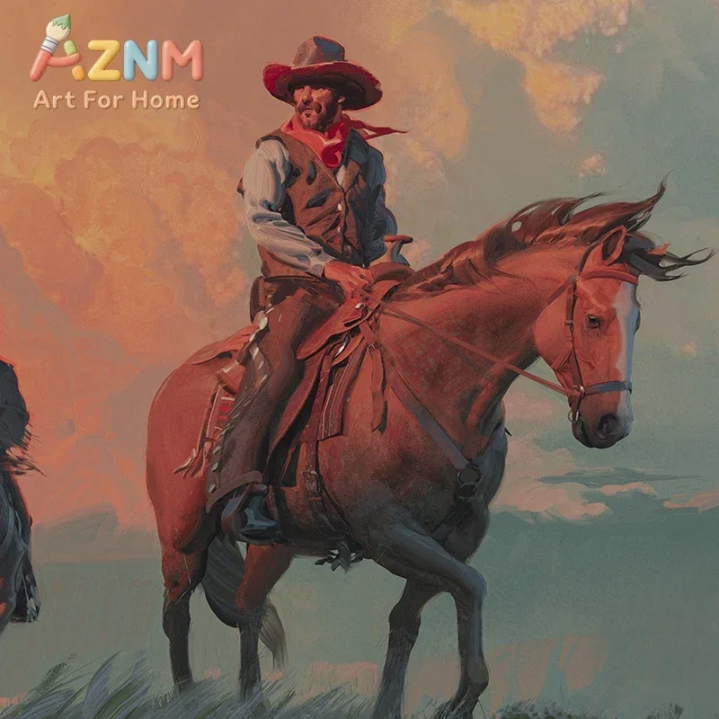 AZNM Vintage Western Cowboy Canvas Wall Art Wild West Horse Rider Desert Landscape Oil Painting Art Print Unframed Canvas Poster