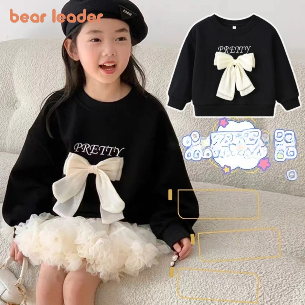 Bear Leader Spring and Autumn Fashion New Girls' Pullover Bow Black Long Sleeved Top Korean Version Children's Casual Wear