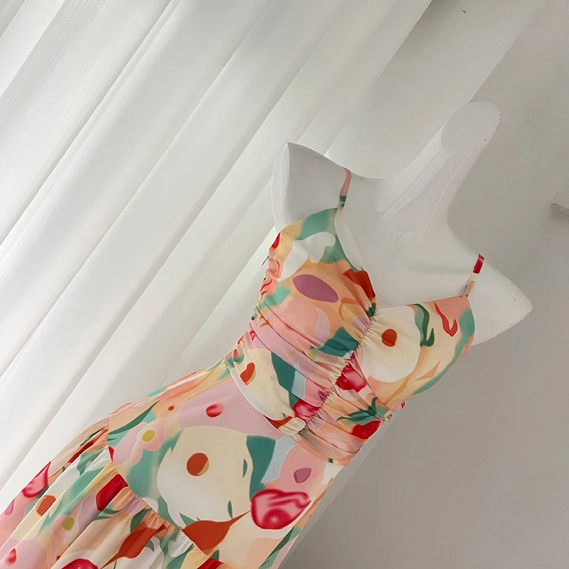 Robe française décontractée à bretelles florales pour femmes, robes longues de style plage, vacances en bord de mer sexy, été 2024