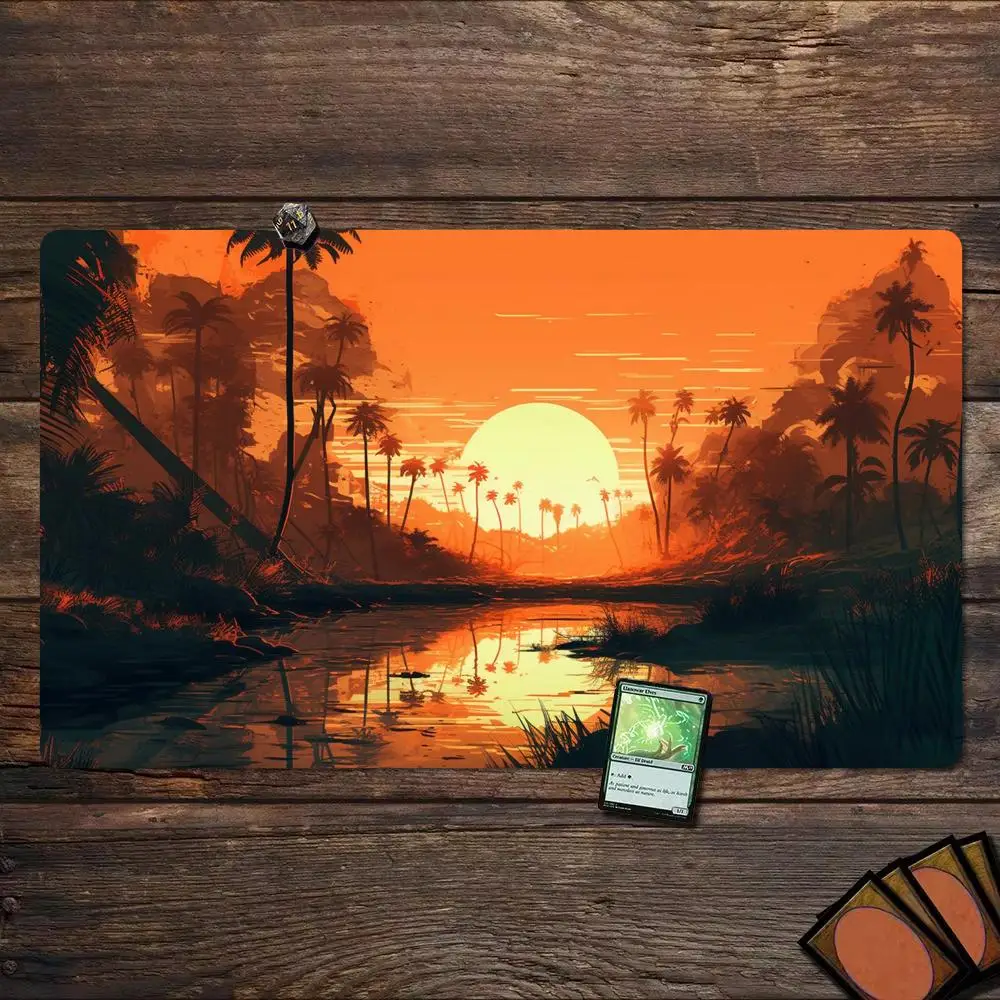 Tropical Sunset Palm TCG Playmat 35X60CM Island River Magic Card Battle Mat Non-Slip Durable Stitched Edge Tabletop TCG Playmat