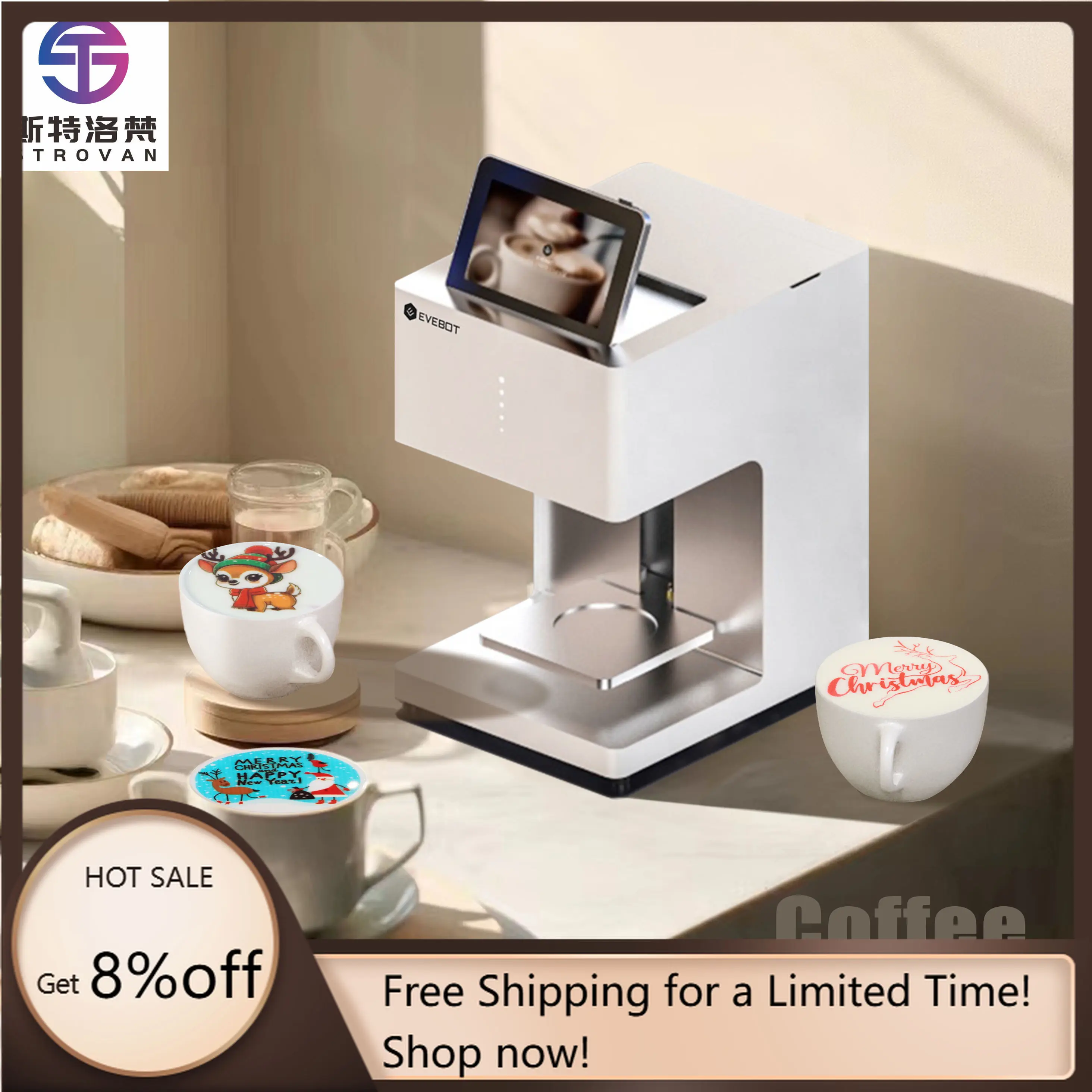 طابعة فنية للقهوة الأوتوماتيكية بالكامل STLF JW EVEBOT FC1 لصور السيلفي الملونة مع حبر صالحة للأكل، مثالية للفندق والمقهى والتجاري