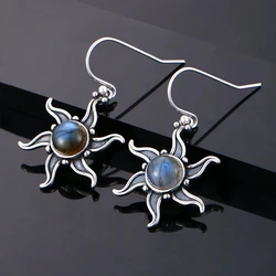 QIBAOKU Silver Natural Labradorite Drop Earrings Vintage Sun Shaped Ear Jewelry for Women Gifts Natural Stone Accessories