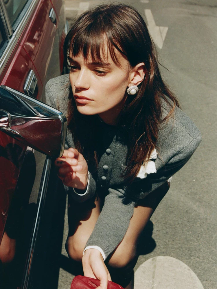 Spring Summer 2026 SelfSP Home round Neck Short Cardigan Women's Cotton Long Sleeve Knitted Sweater with Chest Flower Design