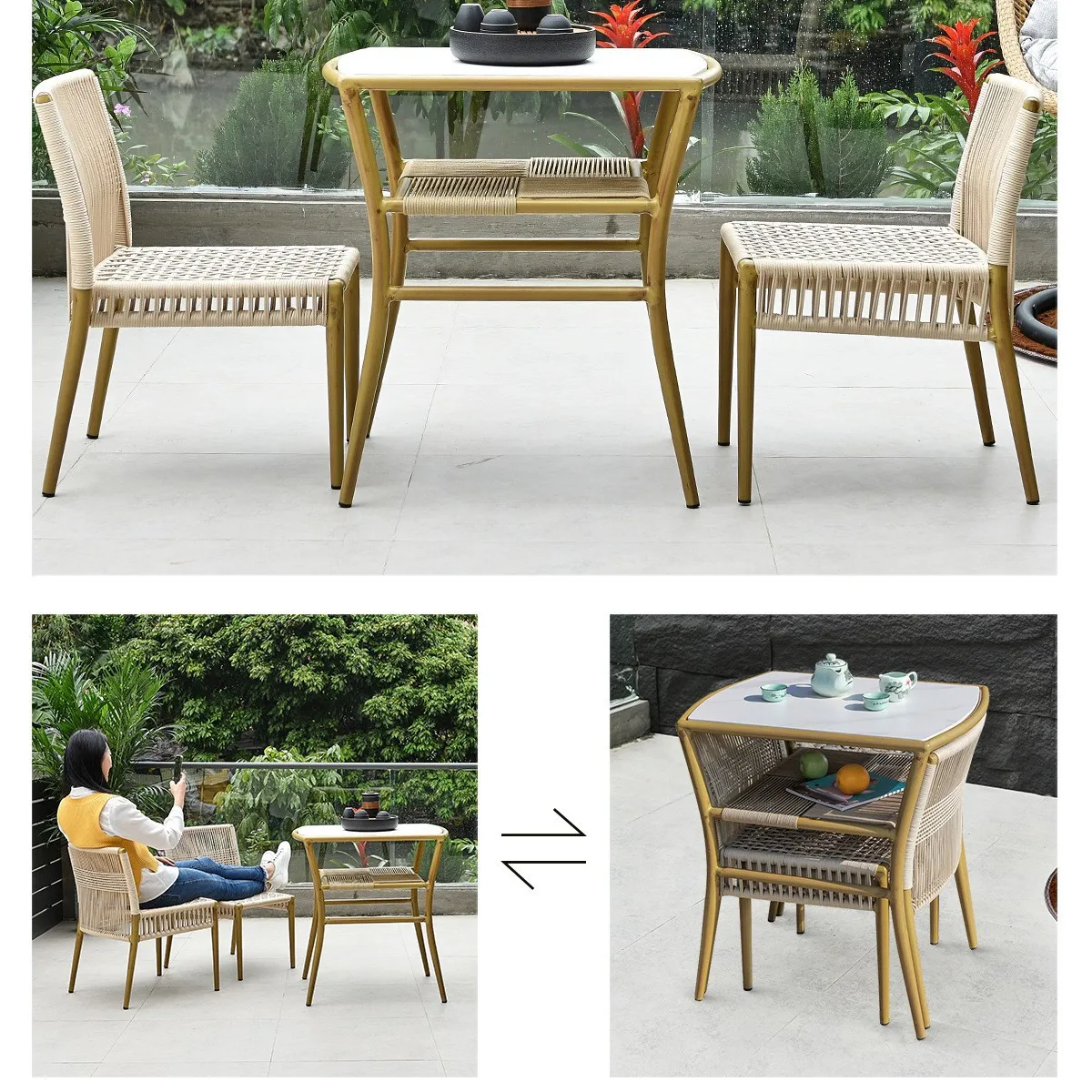 Outdoor courtyard tables and chairs Nordic leisure tea table three-piece set Small apartment household balcony rope weaving one