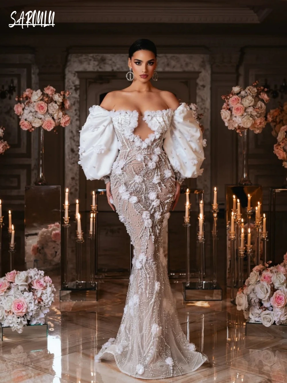 Off the Shoulder Mermaid Wedding Dress Illusion Pearls Sequins Bride Robe Luxury 3D Flowers Bridal Customized Vestidos De Novia