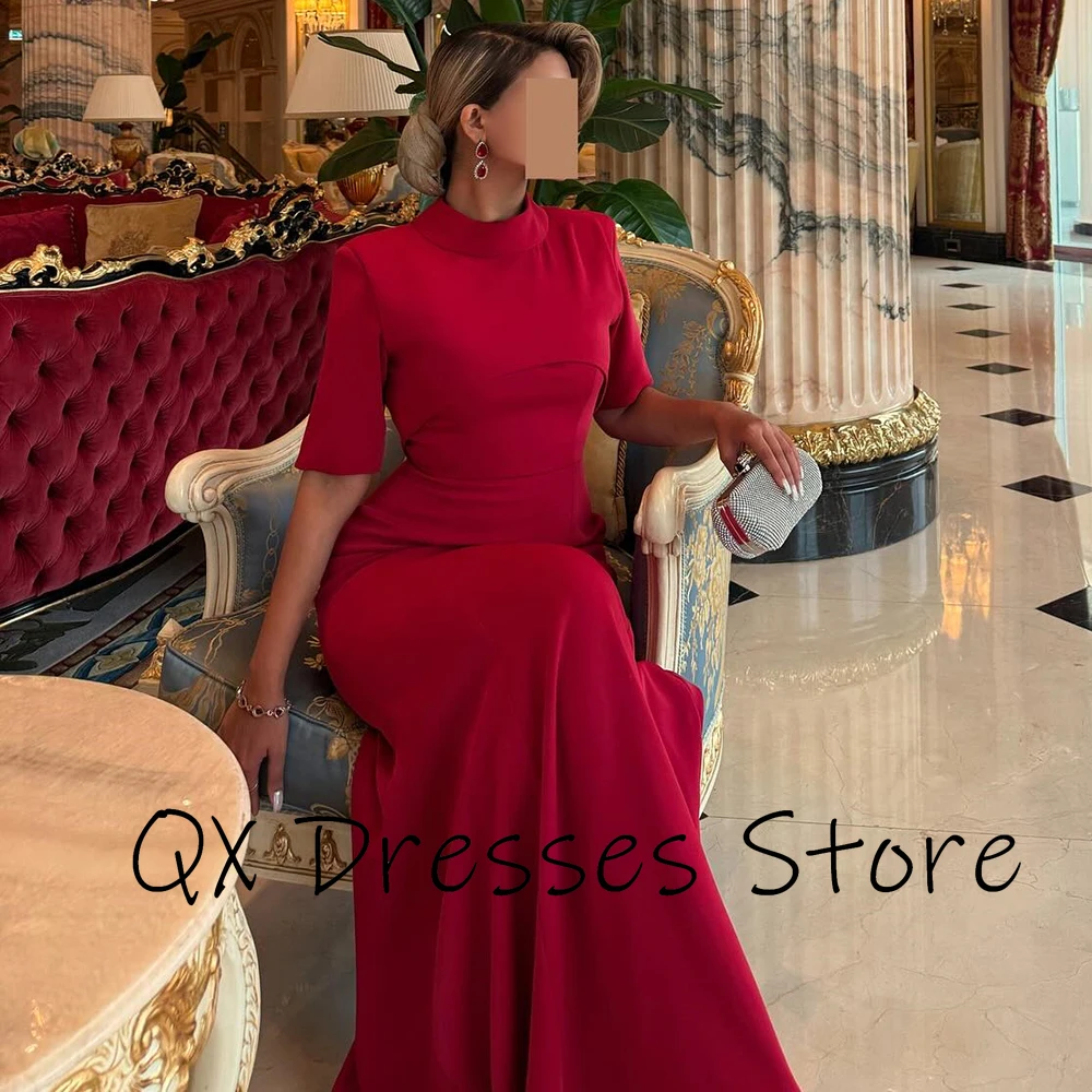 تخصيص عالية العنق الأحمر جيرسي الطية مساء اللباس نصف الأكمام بسيط ماكسي حزب اللباس حورية البحر الطابق طول الحفلة