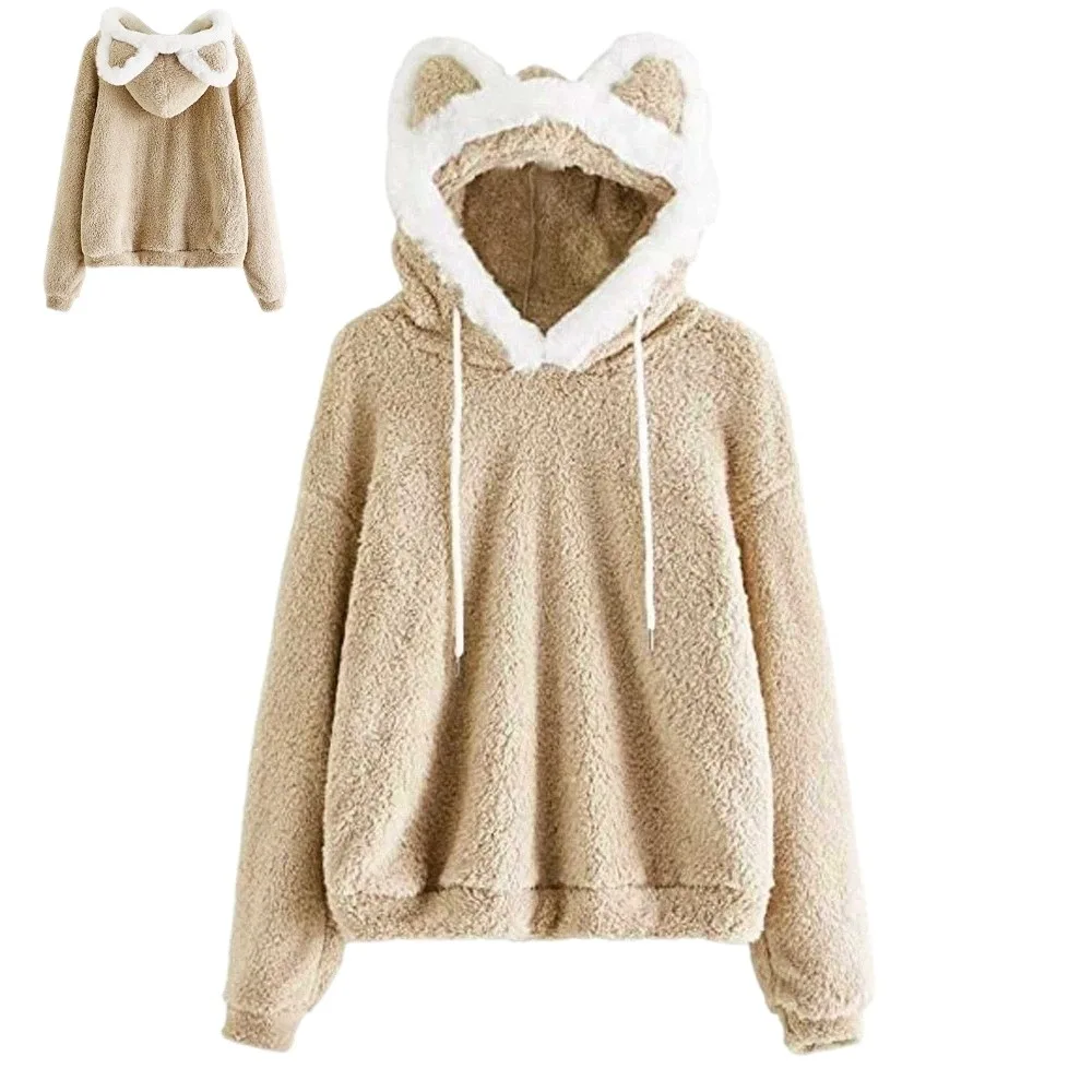 Cute Long Sleeve Cat Bear Ear Hoodies Outwear Fuzzy Plush Hoodies Solid Color 3D Animal Ear Fleece Sweatshirt Women