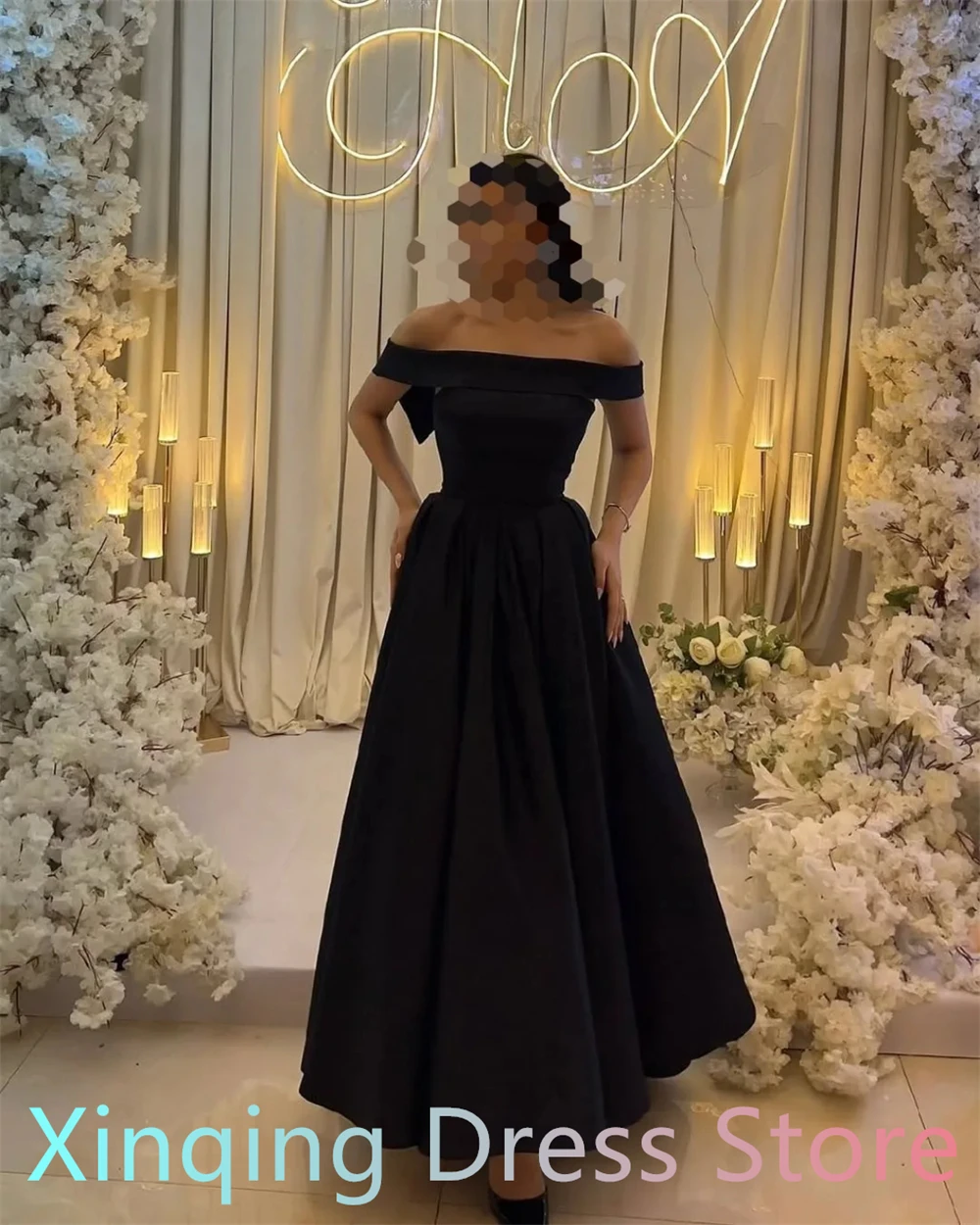 

Customized Simple Black Jersey Evening Dress Elegant Off the Shoulder Sleeveless Vestido De Festa Classic Fashion Prom Dresses