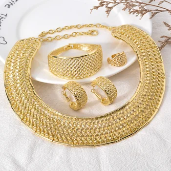 ZeaDear Dubai wide big jewelry set bridal wedding gift luxury 18K gold color choker necklace earrings ring bracelet for women