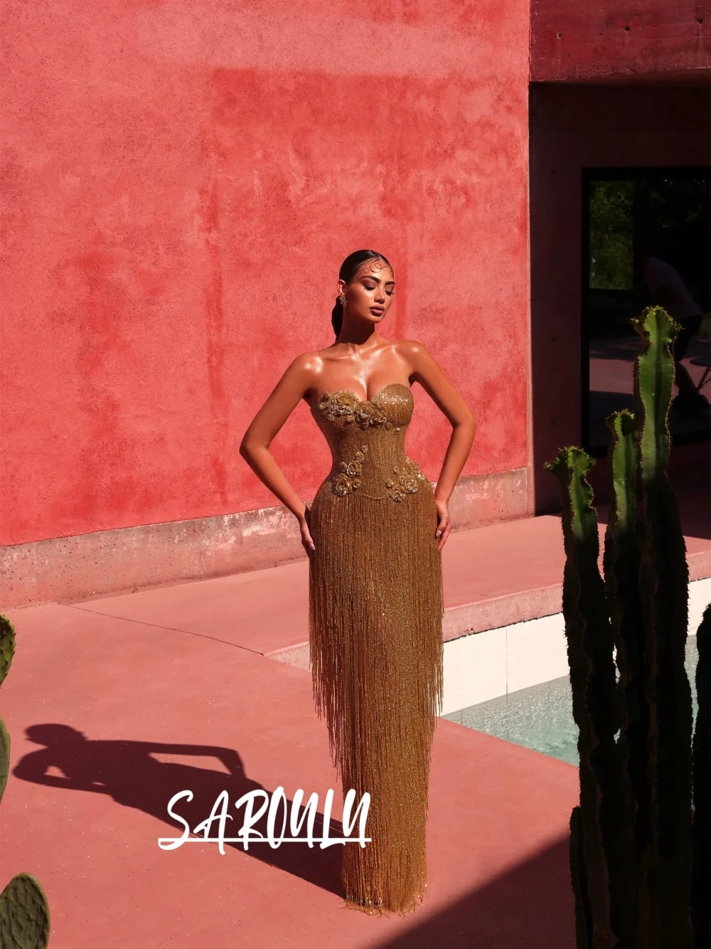 New Arrival Luxury Gold Fringe Evening Dress With 3D Appliques Attractive Sweetheart Neck Customized Women Prom Cocktail Gown